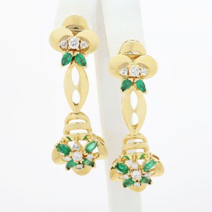 Picture of 14k Yellow Gold Emerald & Diamond Dangle Earrings