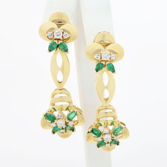 Picture of 14k Yellow Gold Emerald & Diamond Dangle Earrings