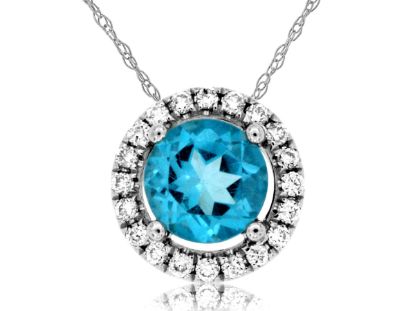 Picture of 14k White Gold Round Blue Topaz & Diamond Halo Pendant