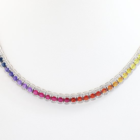 Picture of 18k White Gold Sapphire & Diamond Rainbow Tennis Necklace