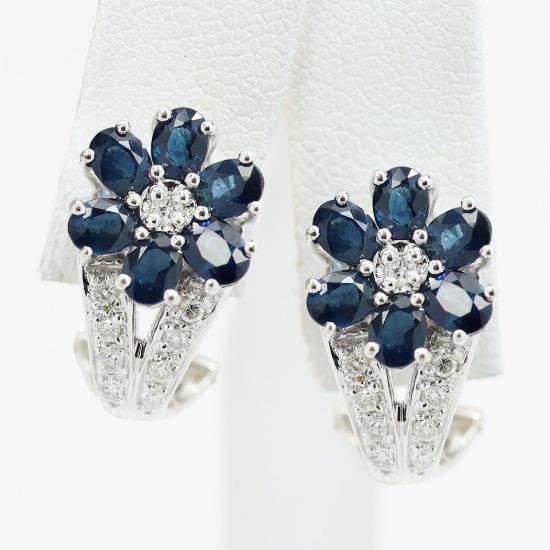 Picture of 14k White Gold Diamond & Sapphire Flower Half Hoop Earrings