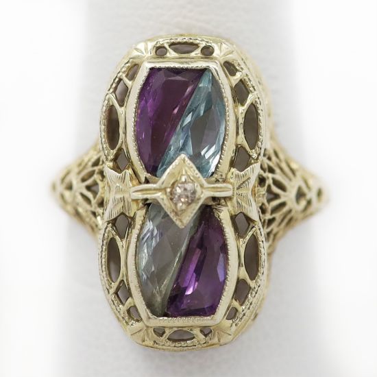 Picture of Vintage 14k White Gold Filigree Aquamarine, Amethyst, & Diamond Ring