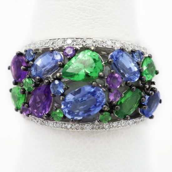 Picture of 14k White Gold Diamond, Sapphire, Tsavorite Garnet, & Amethyst Ring