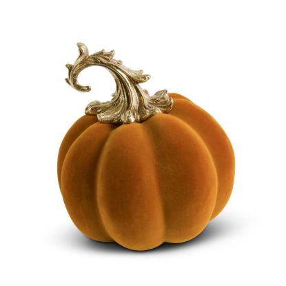 Picture of Orange Velvet Pumpkin with Golden Stem Decoration