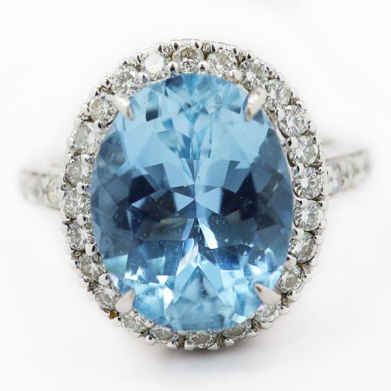 Picture of 18k White Gold Oval Aquamarine & Brilliant Diamond Halo Ring