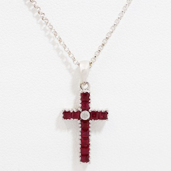 Picture of 14k White Gold Ruby & Diamond Cross Pendant