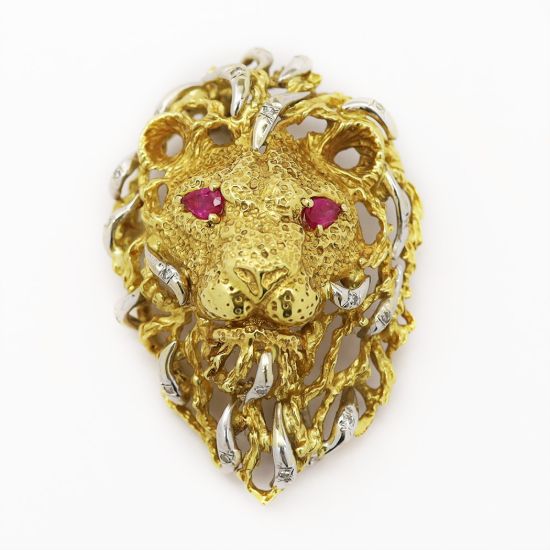 Picture of 18k Yellow Gold Diamond & Ruby Lion Brooch
