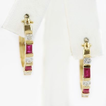 Picture of 14k Yellow Gold Ruby & Diamond Hoop Earrings