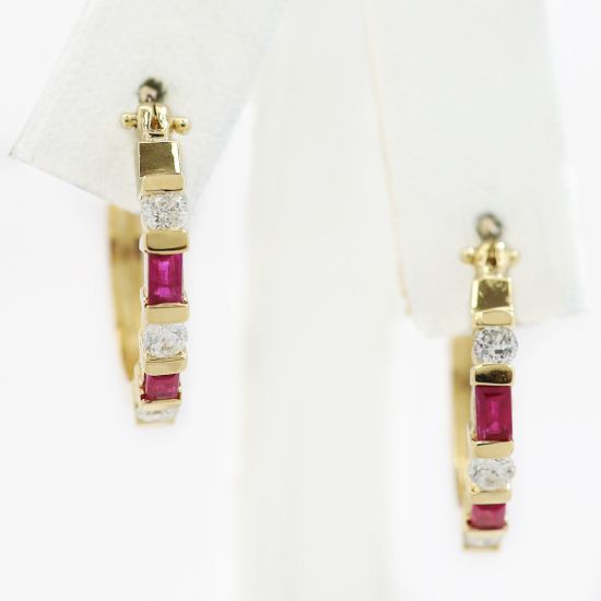 Picture of 14k Yellow Gold Ruby & Diamond Hoop Earrings