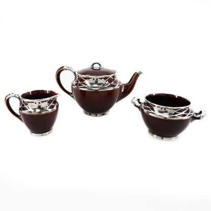 Picture of Antique Art Nouveau Brown Glaze with Silver Overlay 3-Piece Tea Set