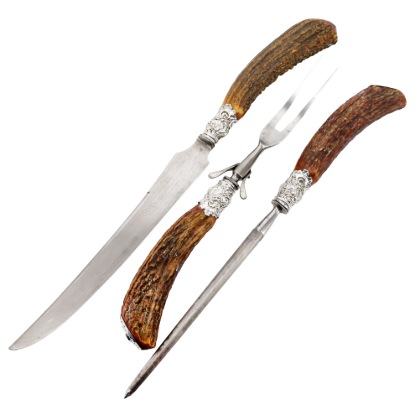 Picture of Antique Victorian Sterling Silver & Stag Antler 3-Piece Carving Set