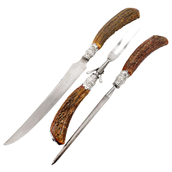 Picture of Antique Victorian Sterling Silver & Stag Antler 3-Piece Carving Set