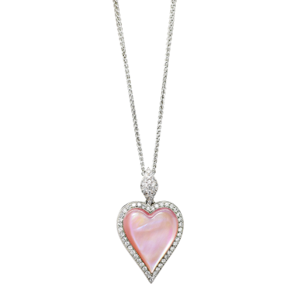 Picture of 14k White Gold Pink Mother of Pearl & Diamond Heart Pendant