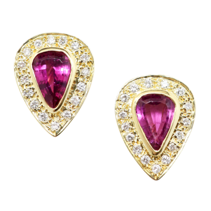 Picture of 18k Yellow Gold Pear Rubellite Tourmaline & Diamond Halo Stud Earrings