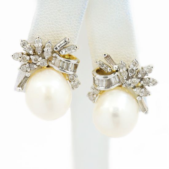 Picture of 14k Yellow Gold Freshwater Cultured Pearl & Diamond Earrings