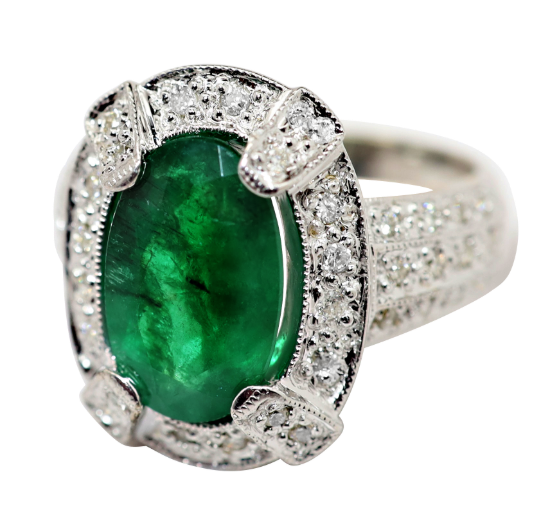 Picture of 14k White Gold Oval Cut Emerald & Brilliant Diamond Ring