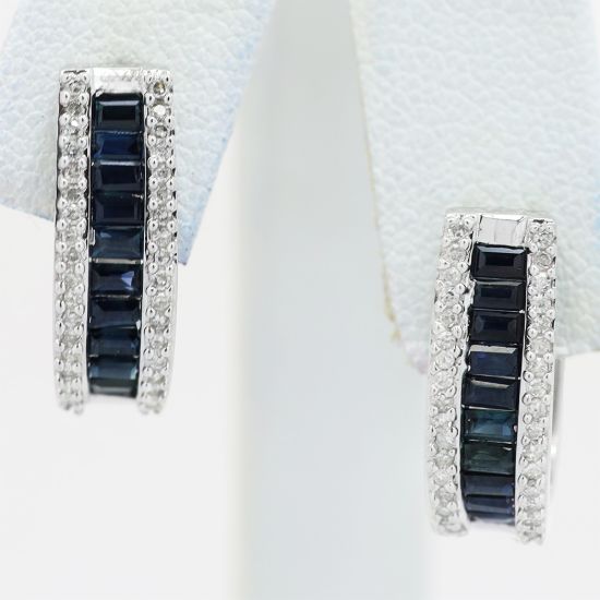 Picture of 14k White Gold Diamond & Sapphire Hoop Earrings