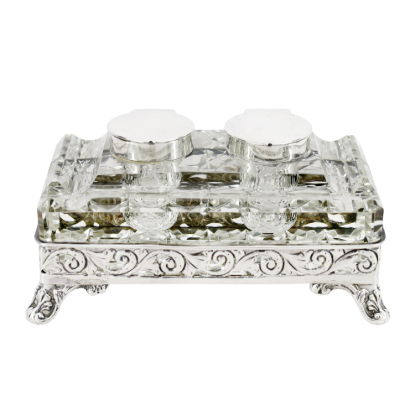 Picture of Victorian English Sterling Silver & Cut Crystal Inkwell