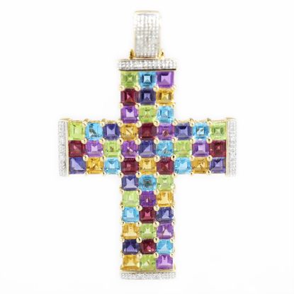 Picture of 14k Yellow Gold Gemstone & Diamond Cross Pendant