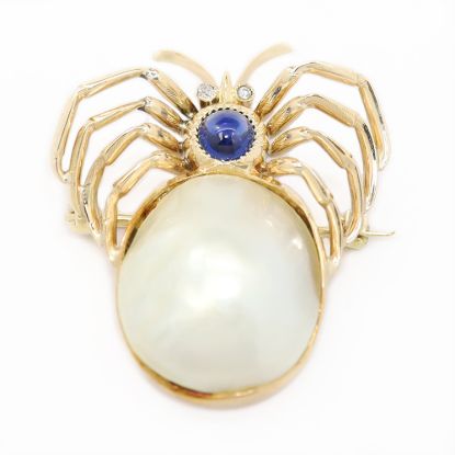 Picture of 14k Yellow Gold Cultured Mabe‵ Pearl, Sapphire & Diamond Spider Brooch