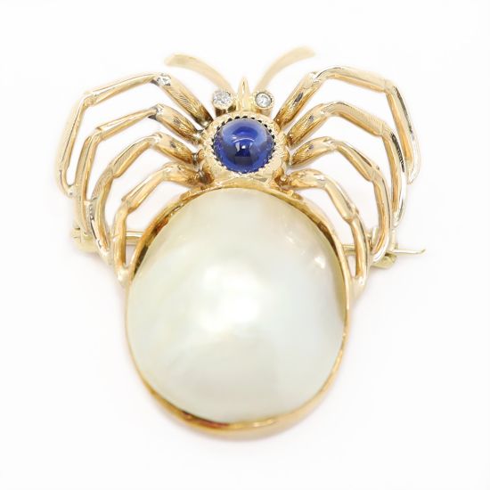 Picture of 14k Yellow Gold Cultured Mabe‵ Pearl, Sapphire & Diamond Spider Brooch