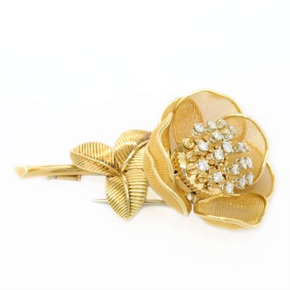Picture of 14k Yellow Gold Diamond Rose Brooch