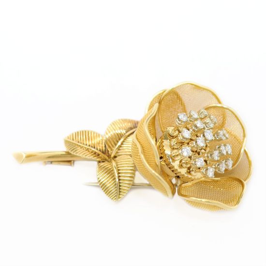 Picture of 14k Yellow Gold Diamond Rose Brooch