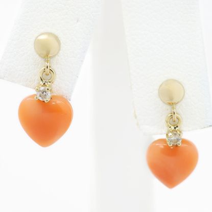 Picture of 14k Yellow Gold Dangling Coral Heart & Diamond Earrings
