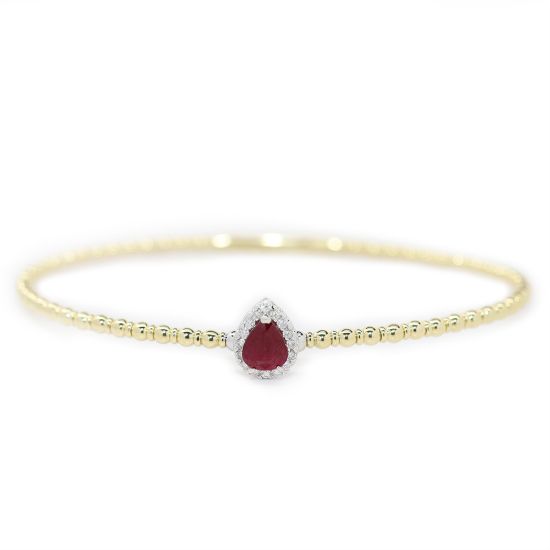 Picture of 14k Two Tone Gold Pear Cut Ruby & Diamond Halo Beaded Bangle