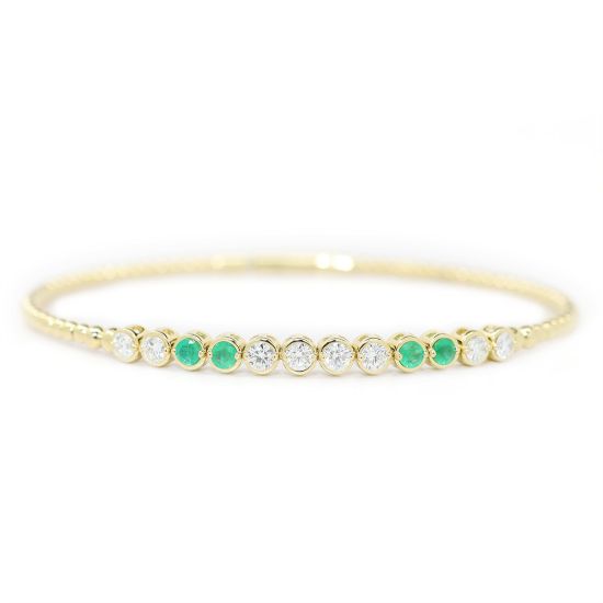Picture of 14k Yellow Gold Bezel Set Diamond & Emerald Beaded Bangle