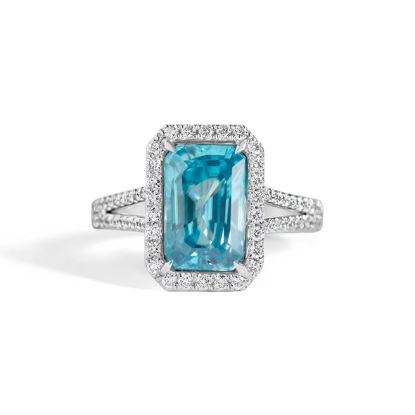 Picture of 18k White Gold Emerald Cut Blue Zircon & Brilliant Diamond Halo Ring