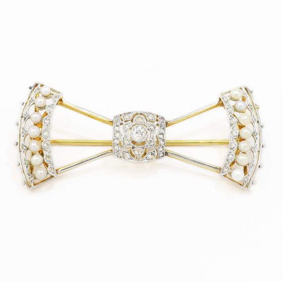 Picture of Vintage 18k Yellow Gold with Platinum Diamond & Cultured Pearl Brooch